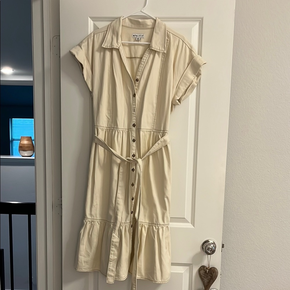 Cream Beige Button-Down Midi Dress